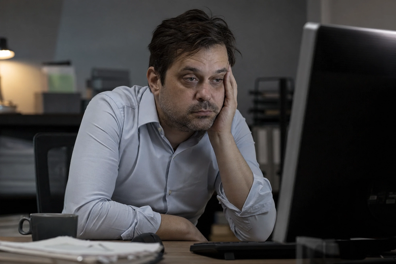 Man looking fatigued and unmotivated at desk