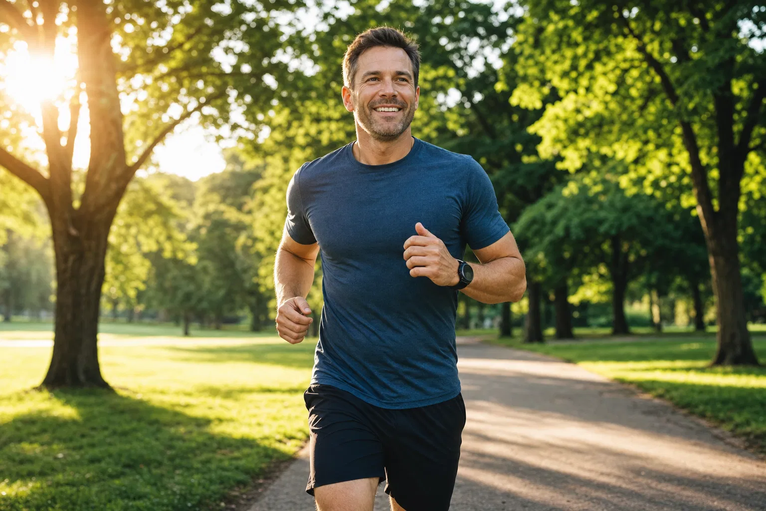 Fit energetic man jogging confidently through a park
