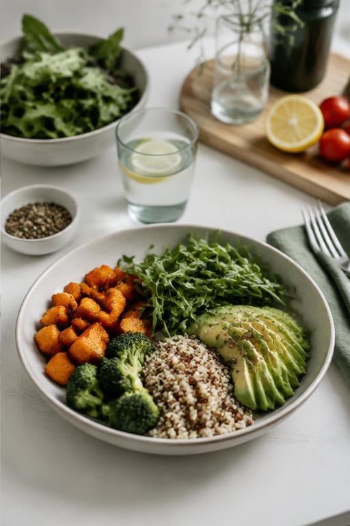 A balanced meal with vegetables, avocado, and grains