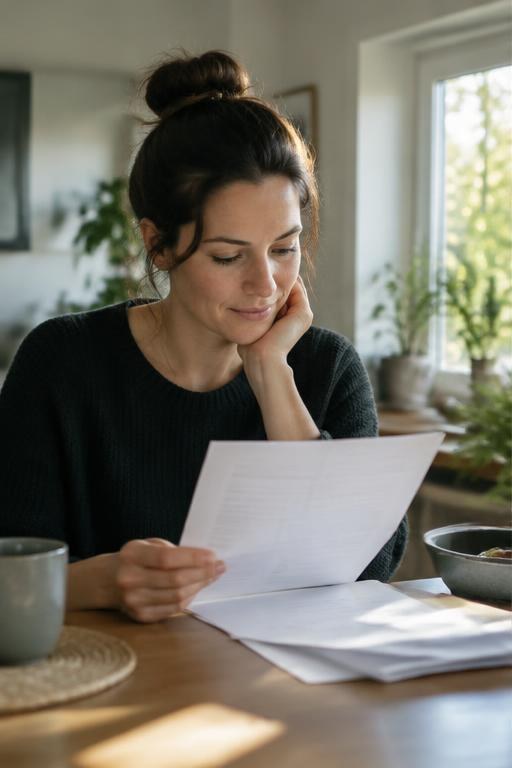 A woman reviewing test paperwork at her kitchen table