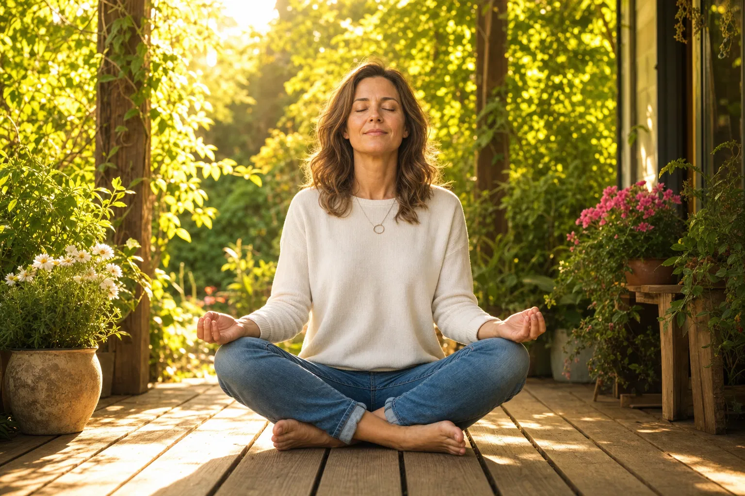 Woman meditating peacefully outdoors after integrative health treatment